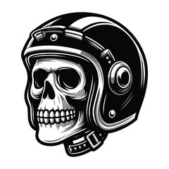 Retro vintage biker racer skull in helmet design vector template illustration. t-shirt design, logo mascot emblem isolated on white background