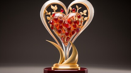 A captivating heart-shaped award trophy adorned in vibrant hues of gold and crimson, symbolizing triumph and prestige, displayed with pride against a backdrop of pure white elegance.