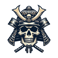 Fototapeta premium skull head face with samurai helmet design vector illustration. Traditional Japanese culture. Tattoo print. illustration for t-shirt print, fabric and other uses. Isolated on white background