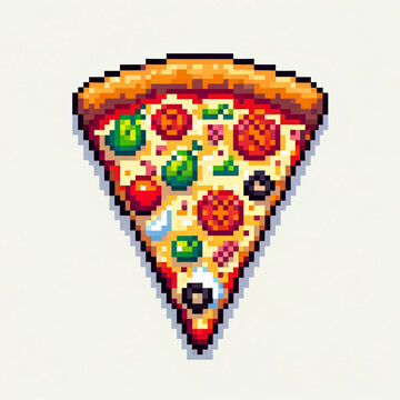 Pixelated style overhead view of a slice of pizza on white background. AI generated.