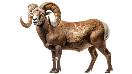 A majestic terrestrial mammal, resembling a mix of sheep and goat, with distinctive curved horns, known as the brown ram, is a symbol of rugged wilderness and livestock farming