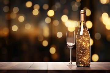 bottle of wine with the sparkling candle on the table with bokeh lights