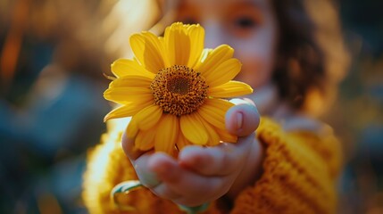 a child is presenting a yellow flower, in the style of contest winner, nature, sun-soaked colors, emotive faces, photo taken with provia, smilecore, flowerpunk,