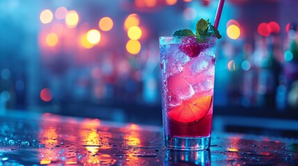 Neon Lit Cocktail on Bar.
Iced cocktail with garnish on a bar with bokeh lights. - obrazy, fototapety, plakaty