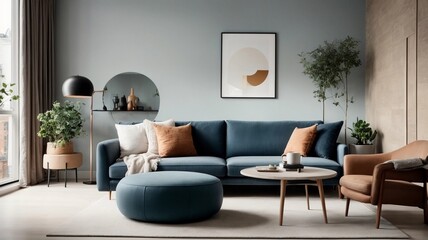 Harmony in Contrast: Blue Sofa Poise Against Industrial Concrete