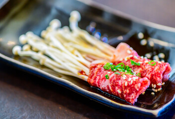 Enoki wagyu beef rolls on dish, Premium Japanese meat - obrazy, fototapety, plakaty