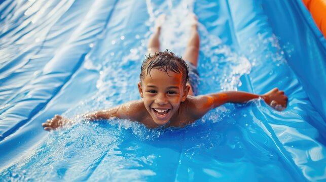 advertising photography of kid going down an inflatable slide
