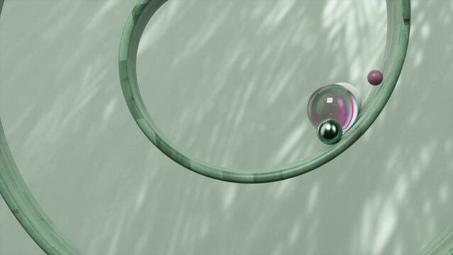 Spheres traverse a wooden helix, casting playful shadows in this serene, 3D animated loop.