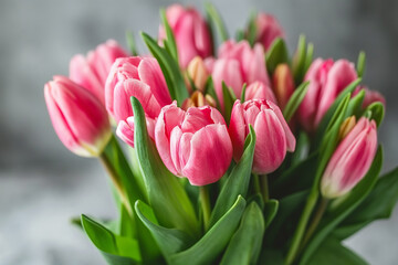 Background of pink and white tulips in close-up.