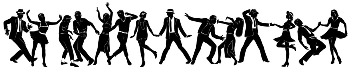 Obraz premium Dancing People Silhouettes Set. Swing, Twist, Charleston, Disco Dancers. All figures are separate and fully completed. Can be used alone, in pairs or groups. Vector cliparts isolated on white.