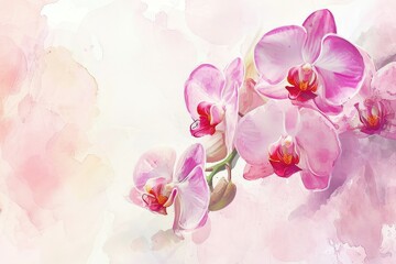 Tropical Orchid flower watercolor illustration, copy space.