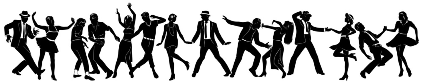 Dancing People Silhouettes Set. Swing, Twist, Charleston, Disco Dancers. All figures are separate and fully completed. Can be used alone, in pairs or groups. Vector cliparts isolated on white.