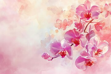 Background with watercolor orchid flowers, copy space.