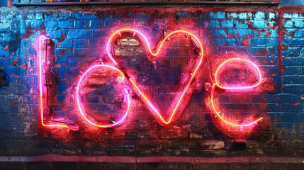 Pink glowing neon sign on wall with heart and love text for Valentines Day