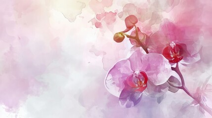 Pink Orchid flower watercolor illustration, copy space.