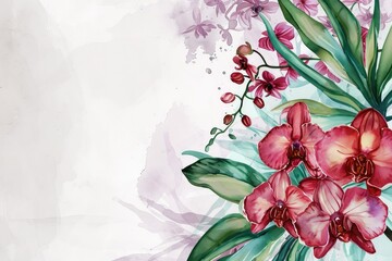 Pink Orchid flower watercolor illustration, copy space.