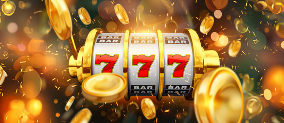 Banner with casino slot machine and shining gold coins with copy space - obrazy, fototapety, plakaty