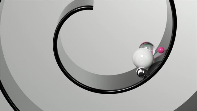 Glossy spheres glide on a sleek, yin-yang inspired surface, a study in contrast and reflection in motion. 3D Animation of seamless loop