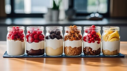 yogurt to various jars and dishes, try a variety of toppings and always include large container in shot, food, dessert, sweet, fresh, dairy, delicious, breakfast, fruit, organic - obrazy, fototapety, plakaty