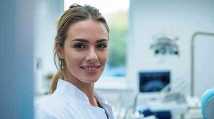 blurry background, dentist looking at a camera in office using formal clothes portrait, professional shot, smile, hyperrealism, clean sharp focus, blue palette,