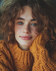 beautiful woman in mid 20's  in warm sweater for fall weather looking at her loved one
