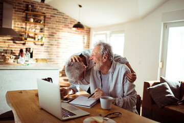 Smiling elderly couple using laptop at home