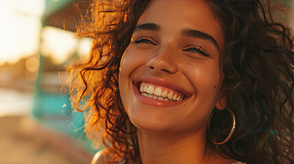 curly hair brown skin, tan beautiful  woman smile at the camera in warm sun afternoon sunlight background 