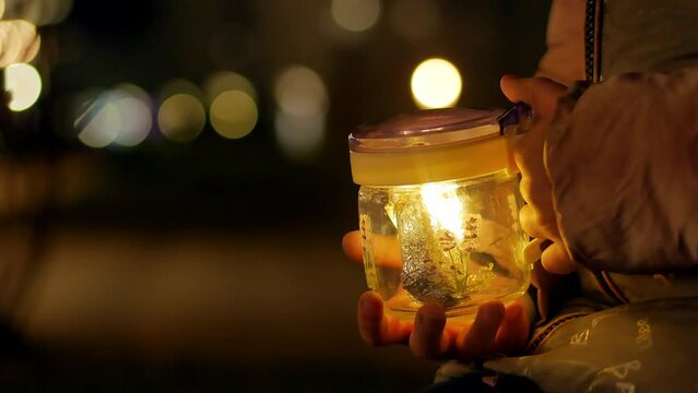 The hands of a child playing firefly on the street with a homemade lantern made of a jar and a garland. The concept of a dream in the hands of an alluring light.