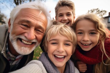 Obraz premium Smiling grandfather taking a selfie with grandchildren outside