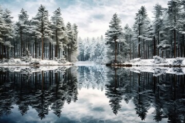 Winter wonderland with snowy forest and mountain reflection in calm lake