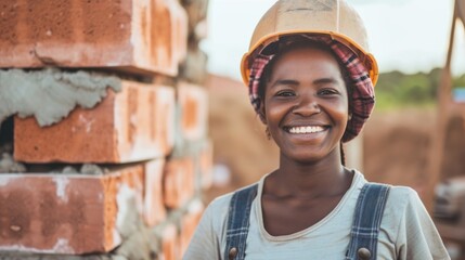 Happy black female bricklayer, candid, natural light