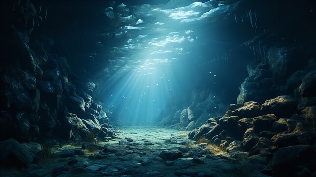 A picture of a 3D render showing the view from a deep marine trench's bottom, Generative AI.