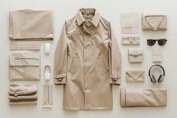 Trench Coat and Headphones on Fashion Mood Board. Generative AI.