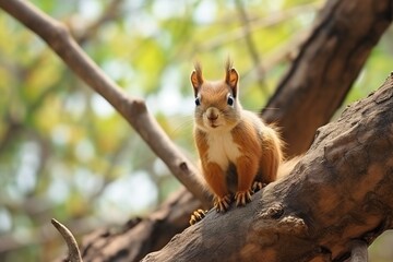 Small red squirrel on a tree branch