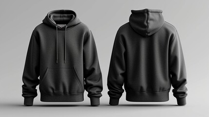 Presenting a mockup of a black hoodie set, showcasing both front and back views for a comprehensive view of the design and presentation