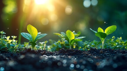 Experience the magic of growth with our collection showcasing various stages of seedlings flourishing in sunlit soil - obrazy, fototapety, plakaty