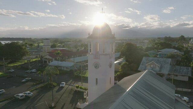 alt sunrise flying counter clockwise around church tower in Hilo Hawaii