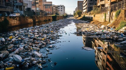 A polluted urban canal with trash and pollutants