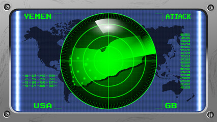 Vector blue panel with round green radar and green map of Yemen. Military device with a bright screen and glare. Inscriptions, alert, attack, USA and GB.
