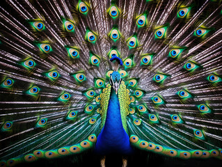 A vibrant peacock proudly flaunts its magnificent feathers, exuding regal elegance in its display.