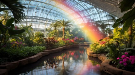 A rainbow illuminating a serene botanical conservatory
