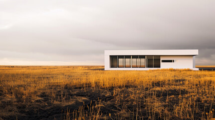 remote modern home glass box in the field  - Powered by Adobe