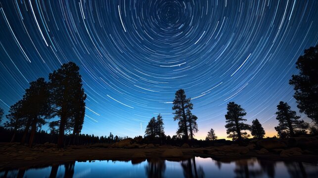A time   lapse photograph of star trails in the night sky