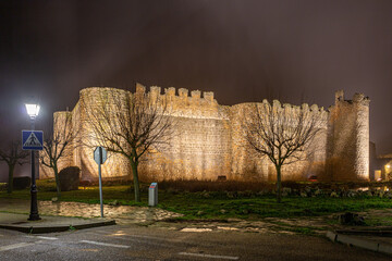 Urueña Castle with artificial lighting at night. Valladolid, Castilla y León, Spain.