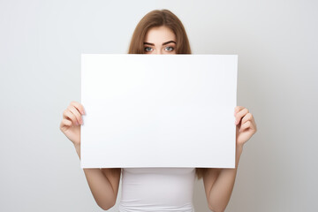 Junge Frau hält ein leeres weißes Schild vor sich, Plakat mit Textfreiraum für Werbung und Botschaften