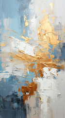 Abstract background in the style of textured painting with bold blue and gold brushstrokes on canvas. Artwork style oil or acrylic smears. Contemporary trendy cover, design, interiors picture, header