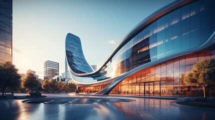 A low-angle perspective of futuristic buildings office skyscraper featuring curved glass window, Generative AI.