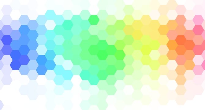 Grainy pattern composed of hexagons colorful. Rainbow honeycomb background. horizontal isometric geometry abstraction.