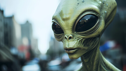 Humanlike aliens with a green body color and large black eyes walking around a city in the united states, they are fitting in like ordinary people - obrazy, fototapety, plakaty