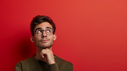 Intelligent looking person posing with an inquisitive and curious manner with free blank space to the left of the person in the photo, background is a plain color